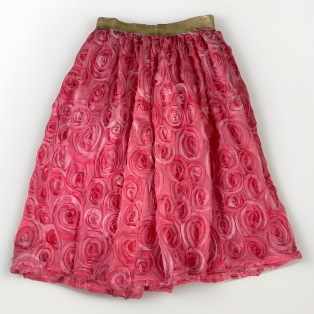 Handmade Girls‎ Tween Pink Rose Tulle Skirt Gold Elastic Waist Fairy Party Dress